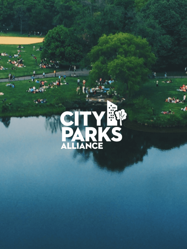City Parks Alliance overlaid on aerial image of a park.